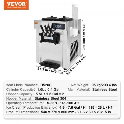 VEVOR Komercinis minkštų ledų aparatas D520S, stalinis, 3 skonių, 18–28 l/val., 1650 W, 2 x 5,5 l