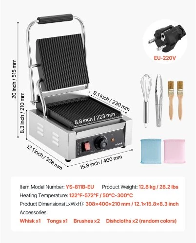 Koduva VEVOR komercinis panini grilis 1800 W, nerūdijančio plieno sumuštinių presas su temperatūros kontrole, 22 x 23 cm