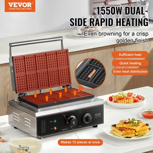 Koduva VEVOR komercinis vaflių kepimo aparatas, 10 vnt., stačiakampis, 1550 W, sidabrinis