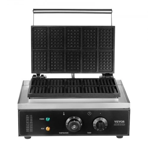 Koduva VEVOR komercinis vaflių kepimo aparatas, 10 vnt., stačiakampis, 1550 W, sidabrinis