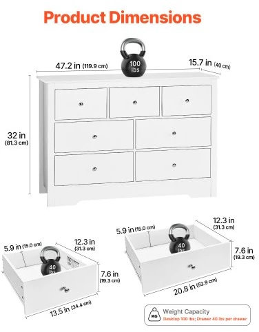VEVOR Komoda su 7 stalčiais, balta, 119,9 x 40 x 81,3 cm