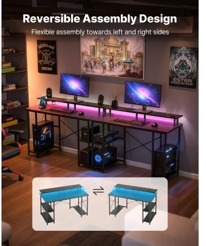 Koduva VEVOR kompiuterinis stalas su LED apšvietimu ir maitinimo lizdais, juodas, 120 cm
