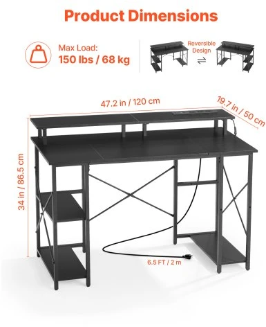 Koduva VEVOR kompiuterinis stalas su LED apšvietimu ir maitinimo lizdais, juodas, 120 cm