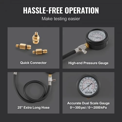 VEVOR Kompresijos testerio adapterių rinkinys, 9 dalių, 0–300 psi, su ilgo pasiekiamumo žarnomis ir dėklu