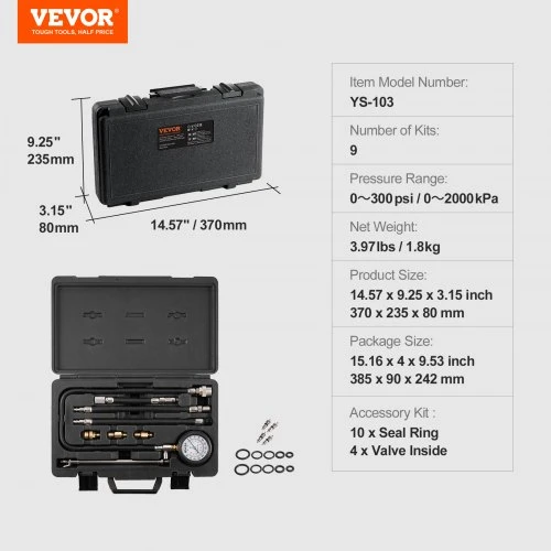 VEVOR Kompresijos testerio adapterių rinkinys, 9 dalių, 0–300 psi, su ilgo pasiekiamumo žarnomis ir dėklu