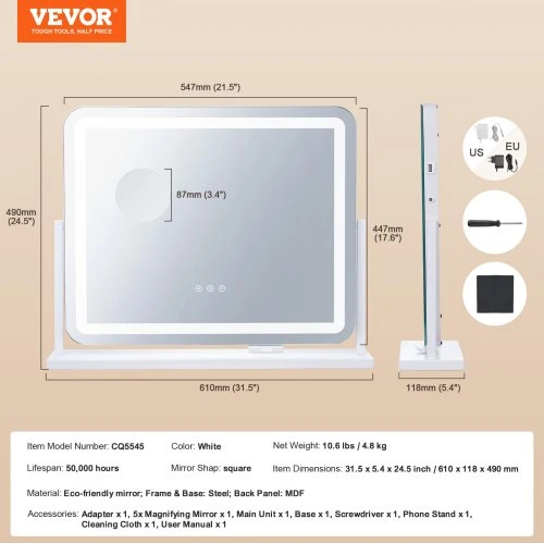 Koduva VEVOR kosmetinis veidrodis su apšvietimu, 3 šviesos režimai, 5 kartų didinimas, USB, 360° pasukimas, baltas