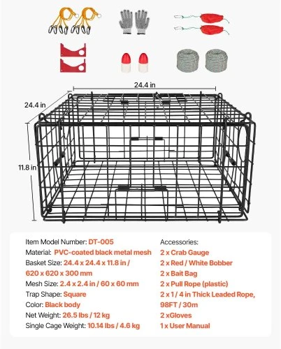 VEVOR Krabų gaudyklė, 2 vnt., 62 x 62 x 30 cm, juodas PVC dengtas tinklas, su svarstykle, plūde, 100 pėdų virve ir pirštinėmis