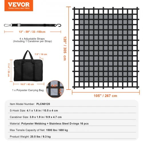 VEVOR Krovininis tinklas, 120 x 105 col., sunkiasvoris, su 4 reguliuojamais diržais, karabinais ir S formos kabliais