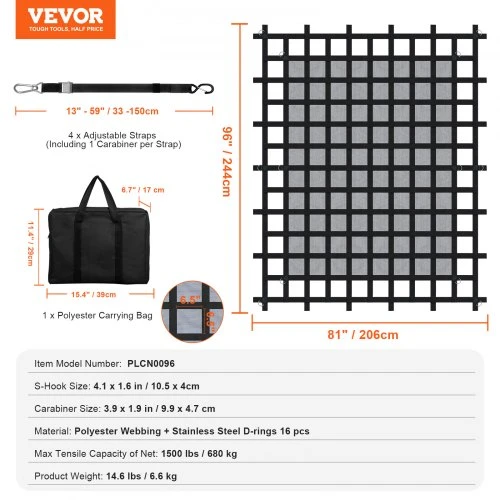 VEVOR Krovininis tinklas 96 x 81 col. sunkiasvoris sunkvežimiui, 4 reguliuojami diržai su karabinais ir S kabliais