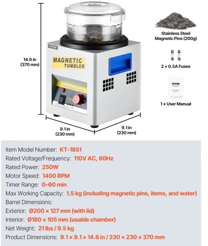 Koduva VEVOR KT-185 magnetinis tumbleris, 180 mm, papuošalų poliruoklis