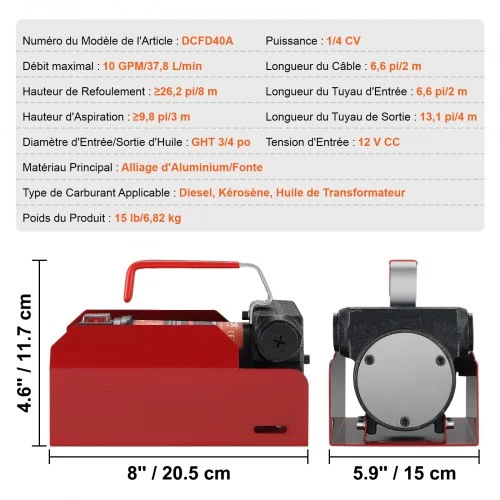 VEVOR Kuro perkėlimo siurblys, 12 V DC, 37,9 LPM, 8 m pakėlimo aukštis, su automatiniu išjungimu