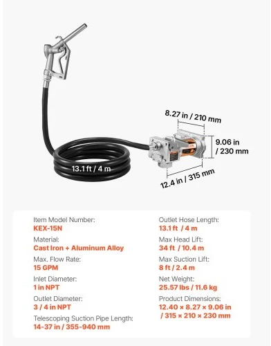 VEVOR Kuro perkėlimo siurblys, 12 V DC, 57 l/min, ketaus, rinkinys su rankiniu uždarymo pistoletu