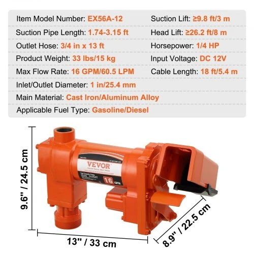 VEVOR Kuro perkėlimo siurblys, 12 V DC, 16 GPM, 1/4 AG, su automatiniu antgaliu