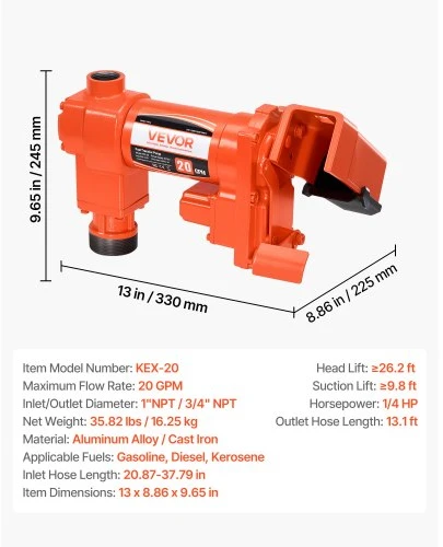 VEVOR Kuro perkėlimo siurblys, 12 V DC, 76 l/min (20 GPM), 186 W (1/4 HP), su rankiniu antgaliu