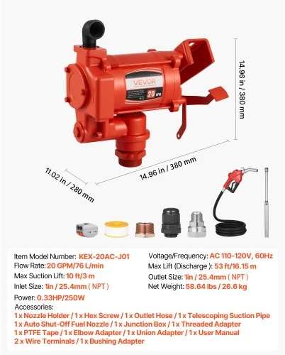 VEVOR Kuro perkėlimo siurblys, 230 V, 20 GPM (76 l/min), AC elektrinis, su automatinio sustabdymo pistoletu ir išleidimo žarna