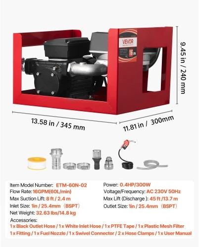 VEVOR Kuro perkėlimo siurblys 230V, 16 GPM 60 l/min, su matuokliu, automatiniu purkštuvu ir 2 žarnomis