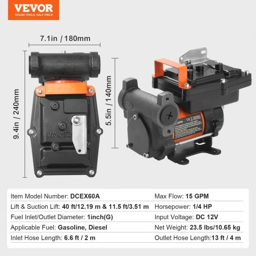 VEVOR Kuro pernašos siurblys, 12V DC, 57 l/min (15 GPM), 186 W, nešiojamas, su automatiniu uždarymo antgaliu