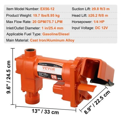 VEVOR Kuro pernašos siurblys, 12V DC, 20 GPM, 1/4 HP