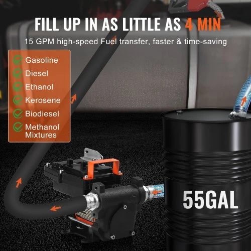 VEVOR Kuro pernašos siurblys, 12V DC, 57 l/min (15 GPM), 186 W, nešiojamas, su automatiniu uždarymo antgaliu