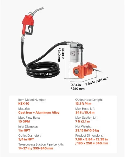 VEVOR Kuro perpylimo pompa, 12V DC, 40 l/min, nešiojamas dyzelino perpylimo rinkinys