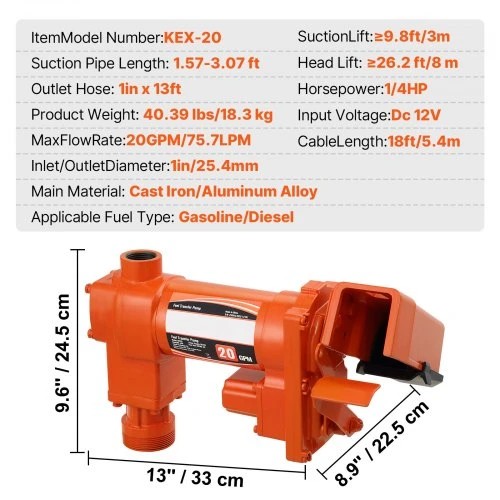 VEVOR Kuro perstūmimo siurblys, 12 V DC, 20 GPM, 1/4 AG