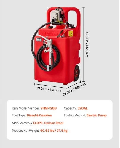 VEVOR Kuro talpa, 32 galonai, nešiojamas kuro bakas su 12 V DC 15 GPM elektriniu siurbliu, 13 ft žarna ir aliuminio rankiniu antgaliu