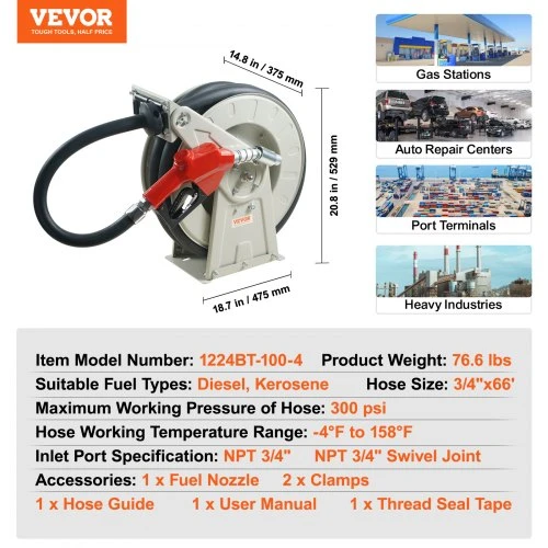 VEVOR Kuro žarna su rite, 19,05 mm x 20,12 m, ištraukiama dyzelino ritė, 20,68 bar