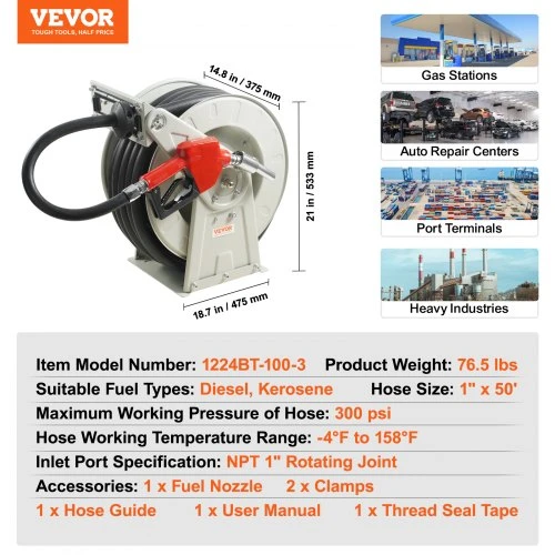 VEVOR Kuro žarna su rite, 25,4 mm x 15,24 m, automatinė, 20,68 bar