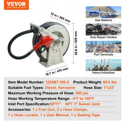 VEVOR Kuro žarna su rite, 25,4 mm x 10,06 m, dyzelino ritė, anglinis plienas, automatinis antgalis