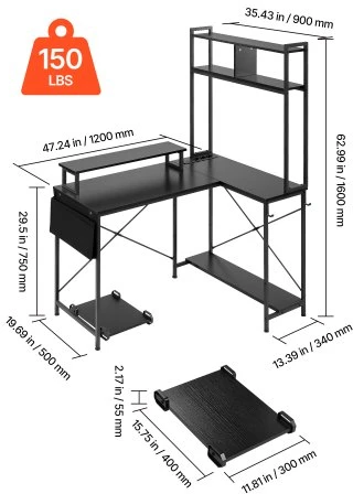 Koduva VEVOR L formos žaidimų stalas su LED apšvietimu, 120 cm