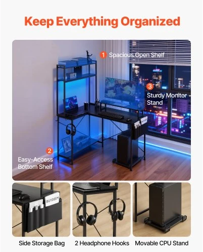 Koduva VEVOR L formos žaidimų stalas su LED apšvietimu, 120 cm