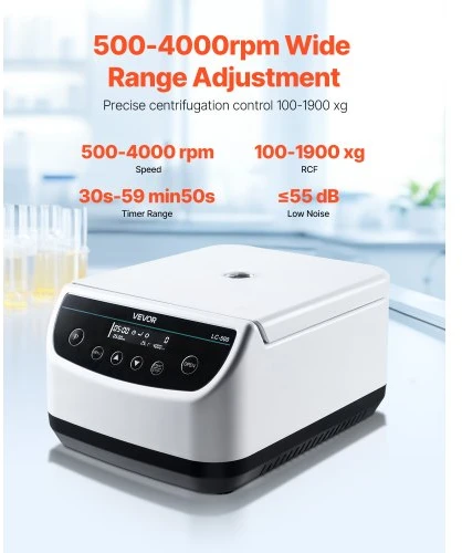 Koduva VEVOR laboratorinė centrifuga, 100–1900 xg, 500–4000 aps./min., 1 rotorius, 2/5/10/15 ml