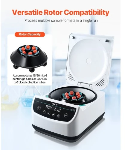 Koduva VEVOR laboratorinė centrifuga, 100–2100 xg RCF, 500–4000 aps./min, 1 rotorius, 2/5/10/15/50 ml