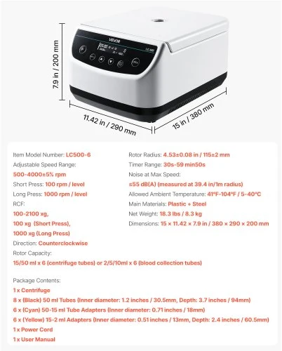 Koduva VEVOR laboratorinė centrifuga, 100–2100 xg RCF, 500–4000 aps./min, 1 rotorius, 2/5/10/15/50 ml