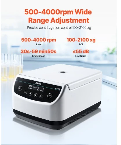 Koduva VEVOR laboratorinė centrifuga, 100–2100 xg RCF, 500–4000 aps./min, 1 rotorius, 2/5/10/15/50 ml