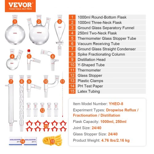 Koduva VEVOR laboratorinės distiliacijos rinkinys, 3,3 boro stiklo, 24/40 jungtis, 1000 ml, 29 dalių