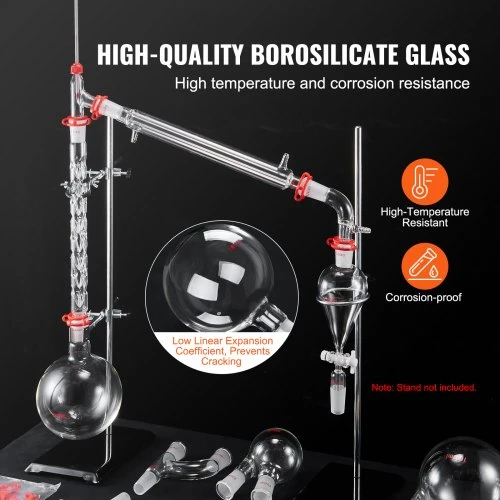 Koduva VEVOR laboratorinės distiliacijos rinkinys, 3,3 boro stiklo, 24/40 jungtis, 1000 ml, 29 dalių
