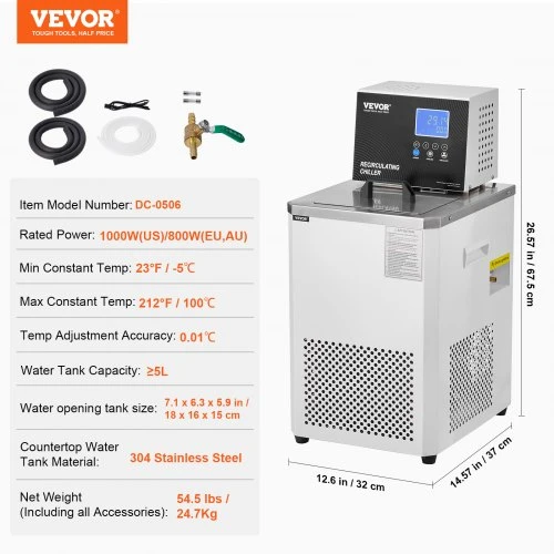 Koduva VEVOR laboratorinis chiller cirkuliatorius, 6 l, LCD ekranas, 304 nerūdijantis plienas, DC-0506