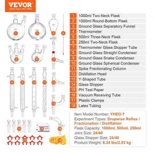 Koduva VEVOR laboratorinis distiliavimo rinkinys, 3,3 boro stiklas, 24/40 jungtys, 1000 ml, 32 dalių