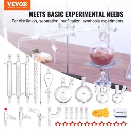 Koduva VEVOR laboratorinis distiliavimo rinkinys, 3,3 boro stiklas, 24/40 jungtys, 1000 ml, 32 dalių