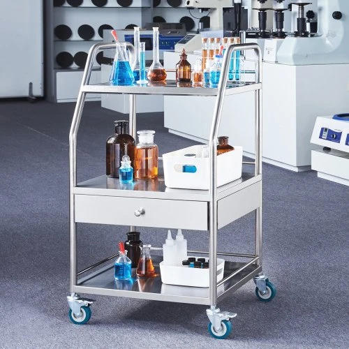 Koduva VEVOR laboratorinis serviravimo vežimėlis, 3 aukštų nerūdijančio plieno, su stalčiumi ir užrakinamais ratukais