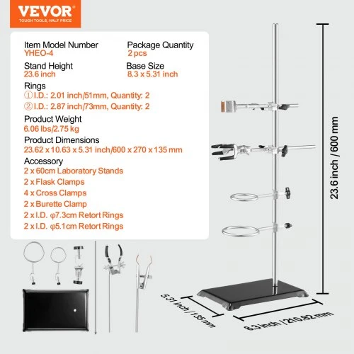 Koduva VEVOR laboratorinis stovas, 2 komplektai, plieno 59,9 cm strypas, ketaus pagrindas 21,1 x 13,5 cm