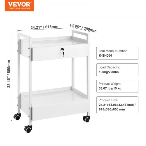 Koduva VEVOR laboratorinis vežimėlis, 2 lentynos, su 2 stalčiais