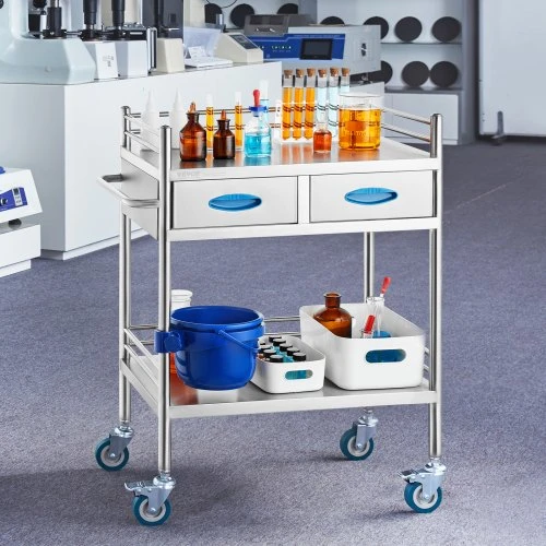 VEVOR Laboratorinis vežimėlis, 2 aukštų nerūdijančio plieno, su 2 stalčiais ir fiksuojamais ratukais