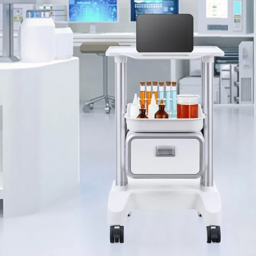 Koduva VEVOR laboratorinis vežimėlis su 2 aukštais, 1 stalčiumi ir viršutine lentele, baltas