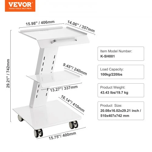 VEVOR Laboratorinis vežimėlis su lizdu, 3 aukštų metalinis mobilus vežimėlis, 100 kg, su pasukamais ratukais