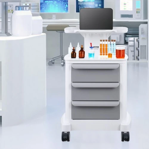 Koduva VEVOR laboratorinis vežimėlis su 3 stalčiais ir viršutiniu padėklu, 4 ratukai, baltas