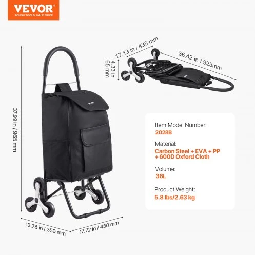 Koduva VEVOR laiptinis vežimėlis „Trolley Dolly“, 36 l sulankstomas pirkinių vežimėlis, juodas