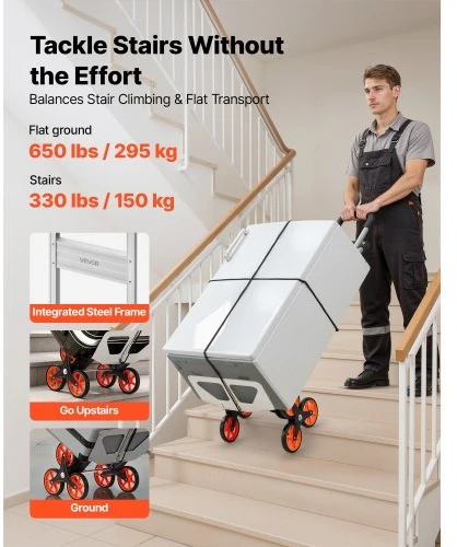 VEVOR Laiptų kopimo vežimėlis, 150 kg, aliuminio lydinio, sulankstomas, su teleskopine rankena, 6 ratais ir 2 bungee diržais