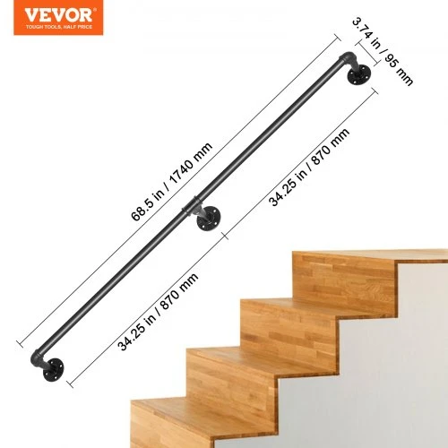 VEVOR Laiptų turėklas, 182,9 cm, juodas, sieninis, plieno